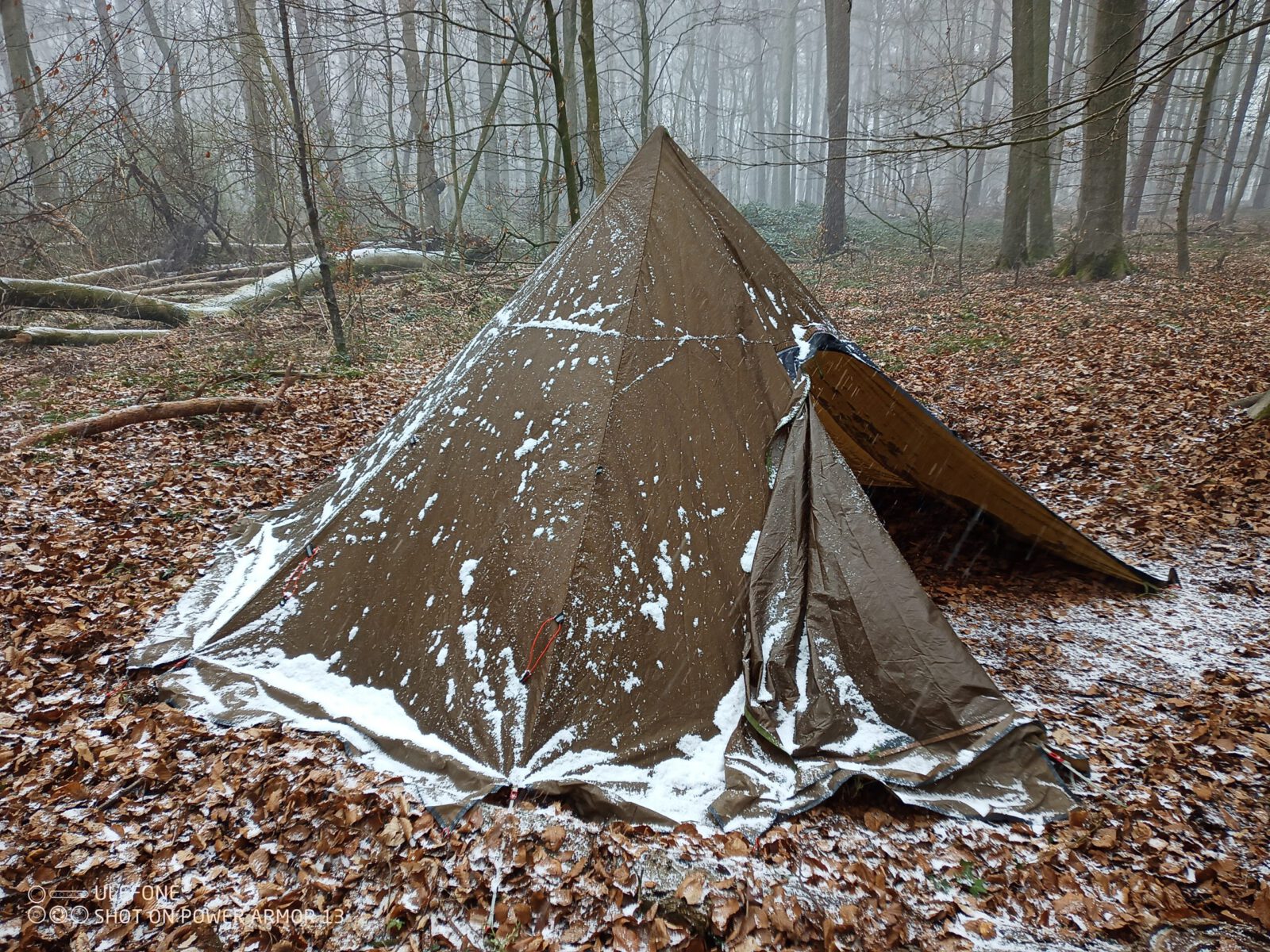 alt=“Zelt steht im Schneeregen in einem winterlichen, nebeligen Wald″