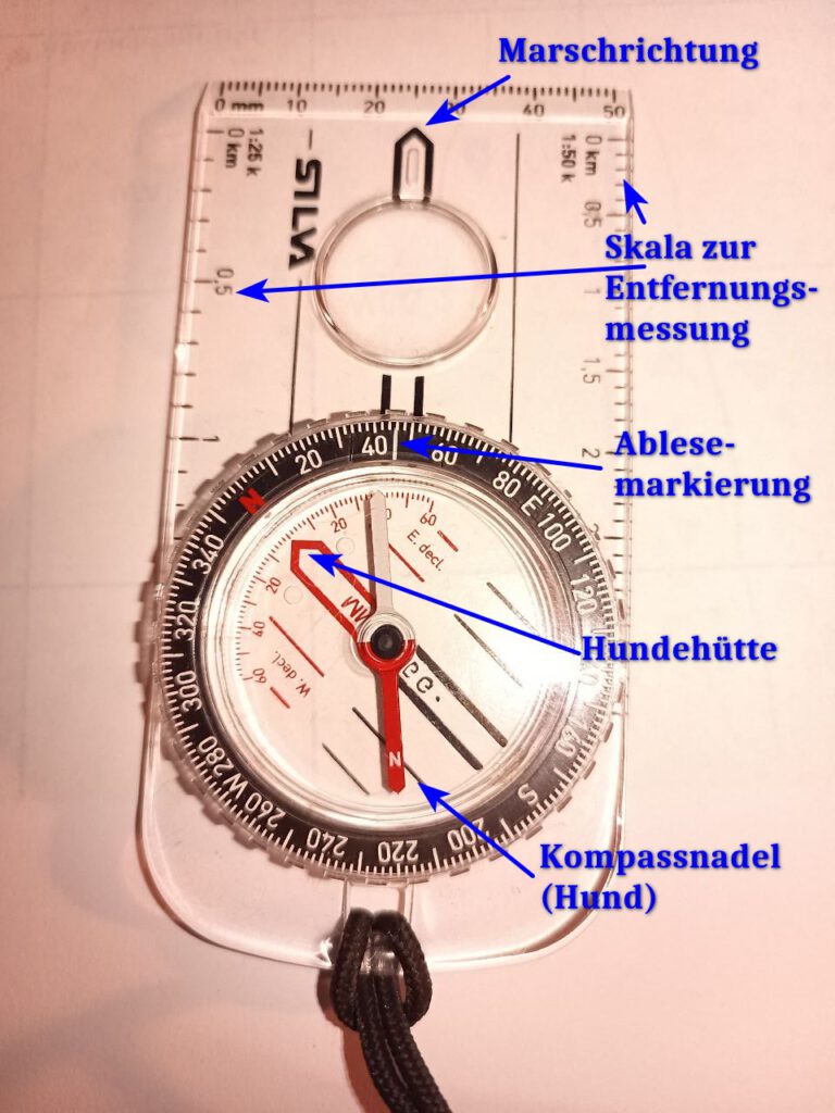Plattenkompass mit Kompassnadel, Hundehütte und Ablesemarke
