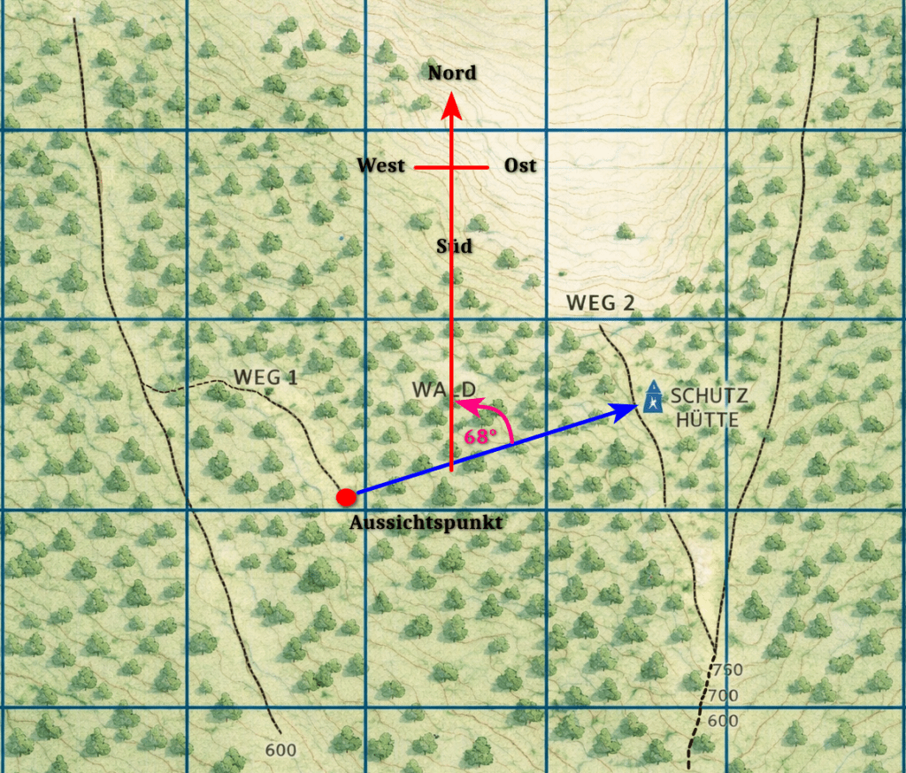 Detailansicht der Peilung mit Karte und Kompass