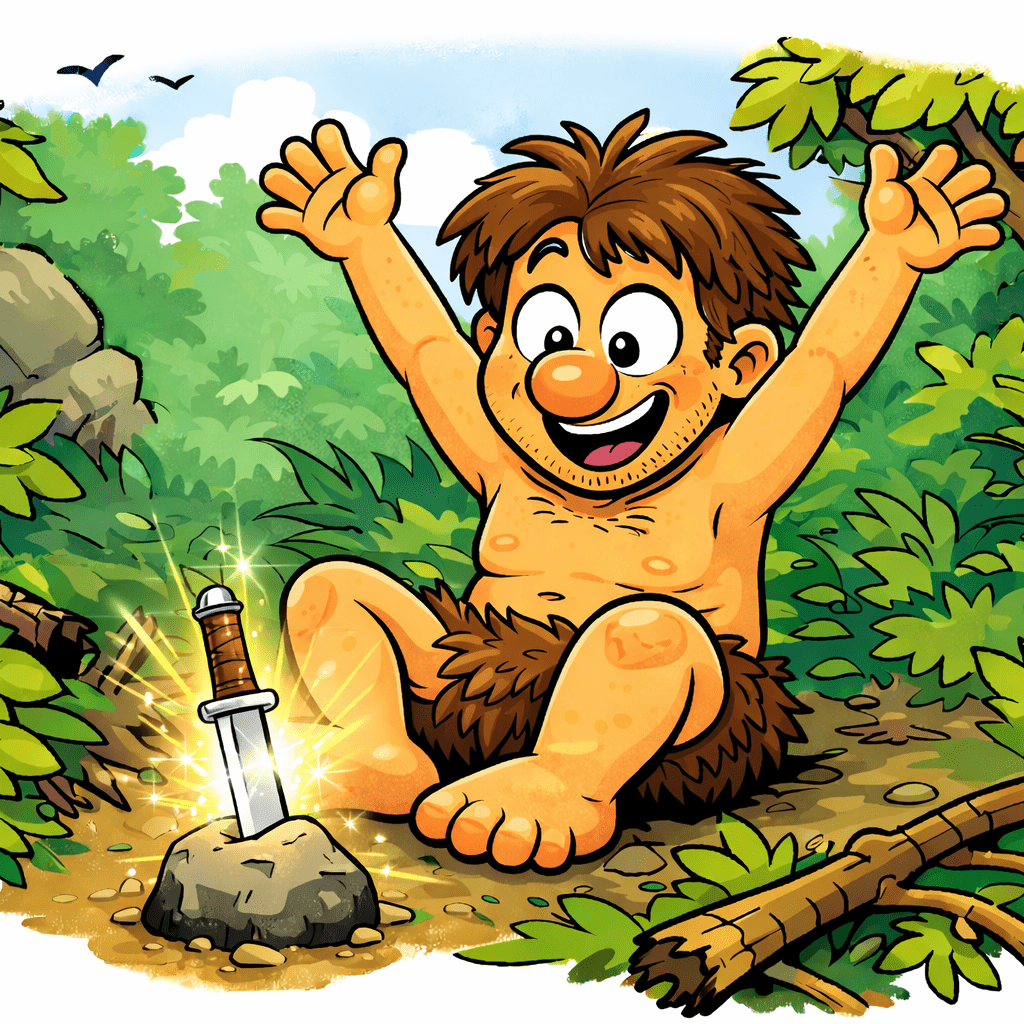 Humorvolle Illustration: Outdoortarzan findet das perfekte Outdoormesser im Survival-Kontext