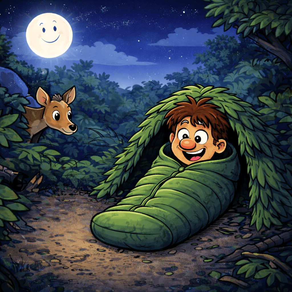 Survival-Tarzan im Schlafsack unter einem improvisierten Blätterdach