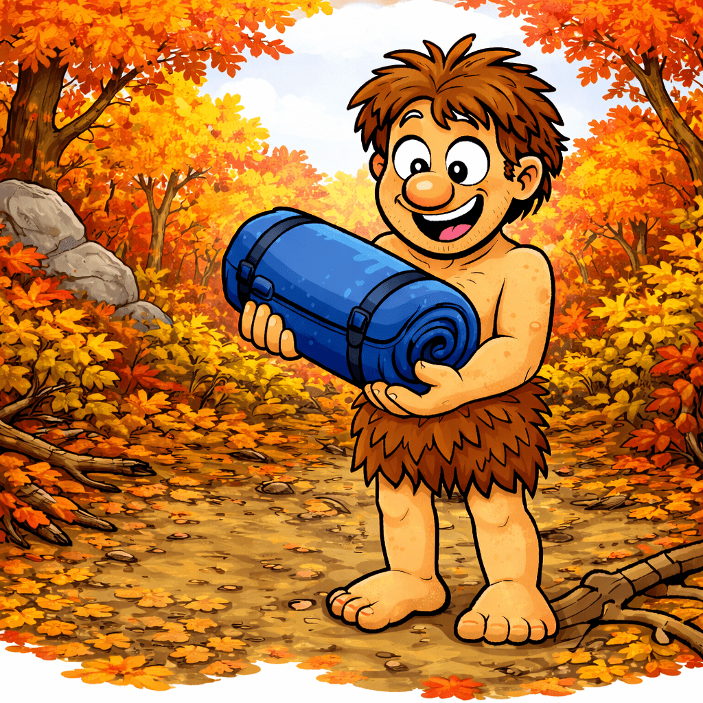 Survival Anfänger mit gepacktem Schlafsack im Herbstwald – Schlafsack für Survival richtig wählen