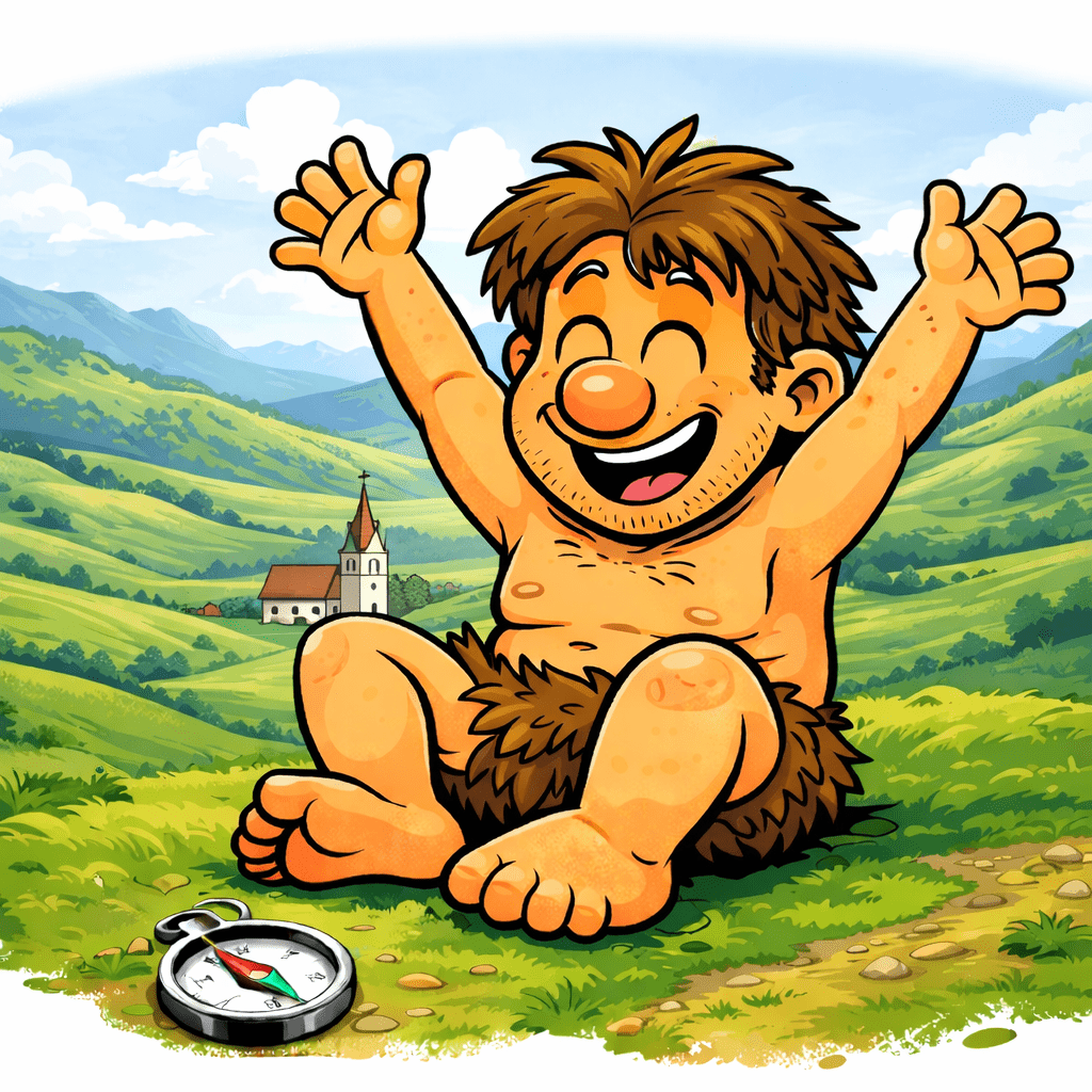 Survival Tarzan mit Kompass auf einer Wiese