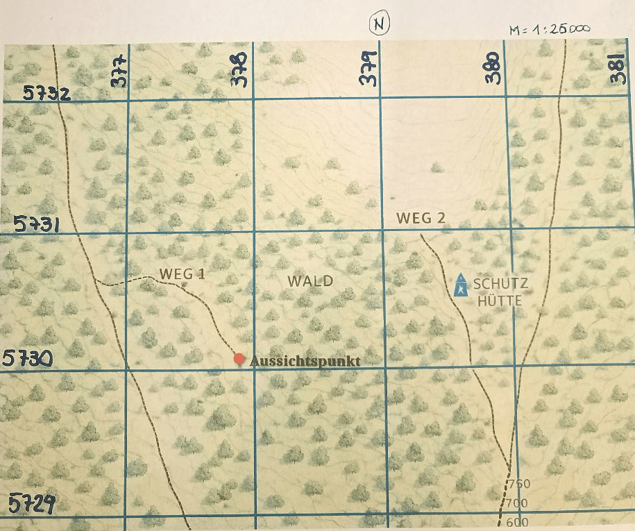 Topografische Karte mit UTM-Gitternetz zur Positionsbestimmung einer Schutzhütte